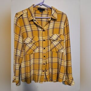 SANCTUARY Yellow Plaid Boyfriend Shirt Oversized with Roll-tab Sleeves, Medium